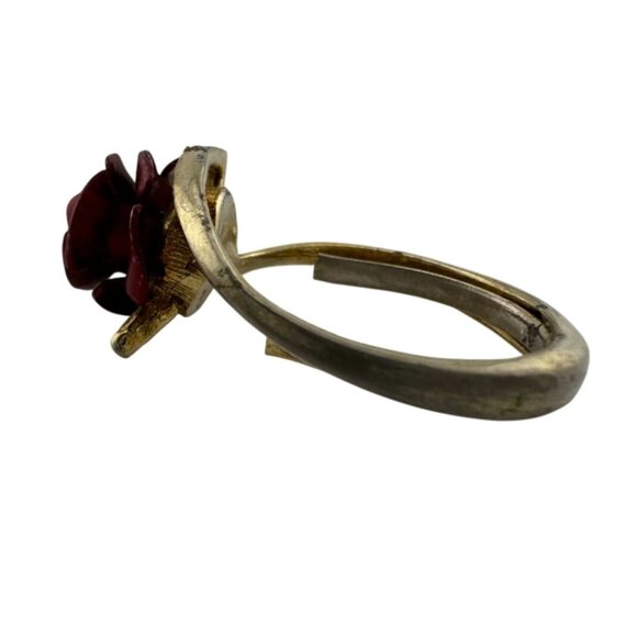Women's Beautiful Gold Tone Red Rose Flower Ring - Picture 5 of 15
